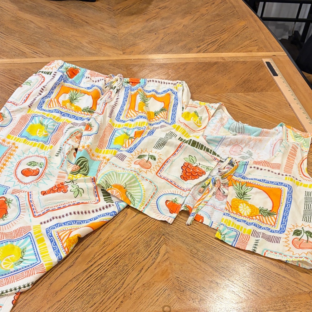 Sweet Hearts Los Angeles XL Linen Blend Colorful Fruit Print Top Vest Pant Set - Picture 15 of 16